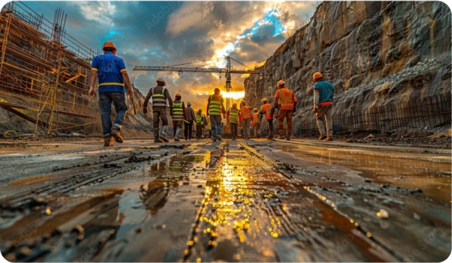 Construction workers at sunset